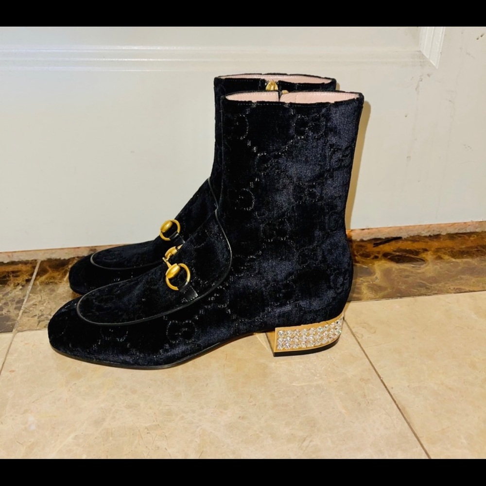 Gucci velvet gg monogram crystal horsebit ankle boots sz 37 black